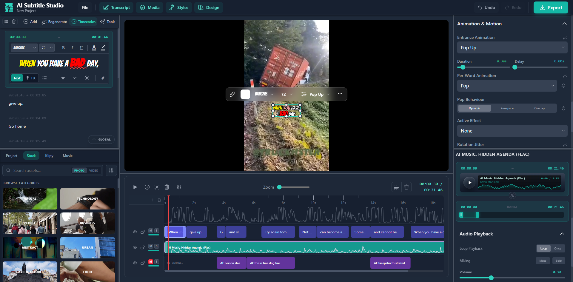AI Subtitle Studio editor with timeline, media browser, and subtitle tools